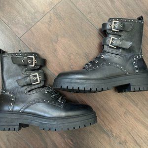 Chelsea & Violet Rhea Studded Leather Lace-Up Combat Boots, Size 8.5